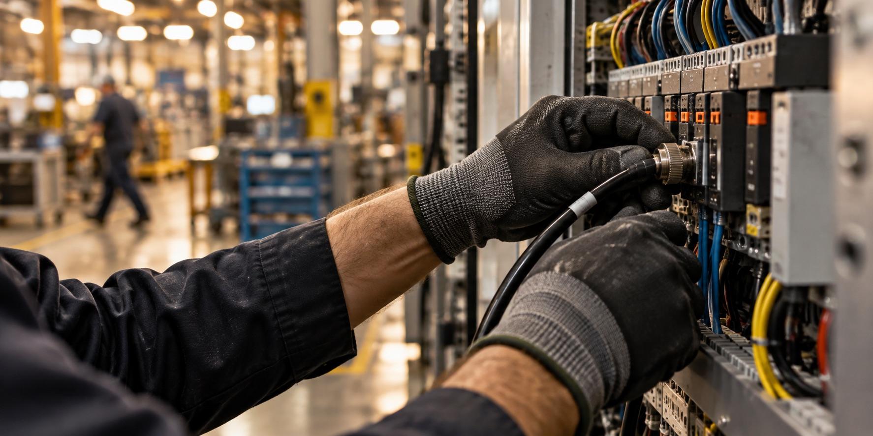 Gloved hands connecting a cable in an electrical panel on a factory floor