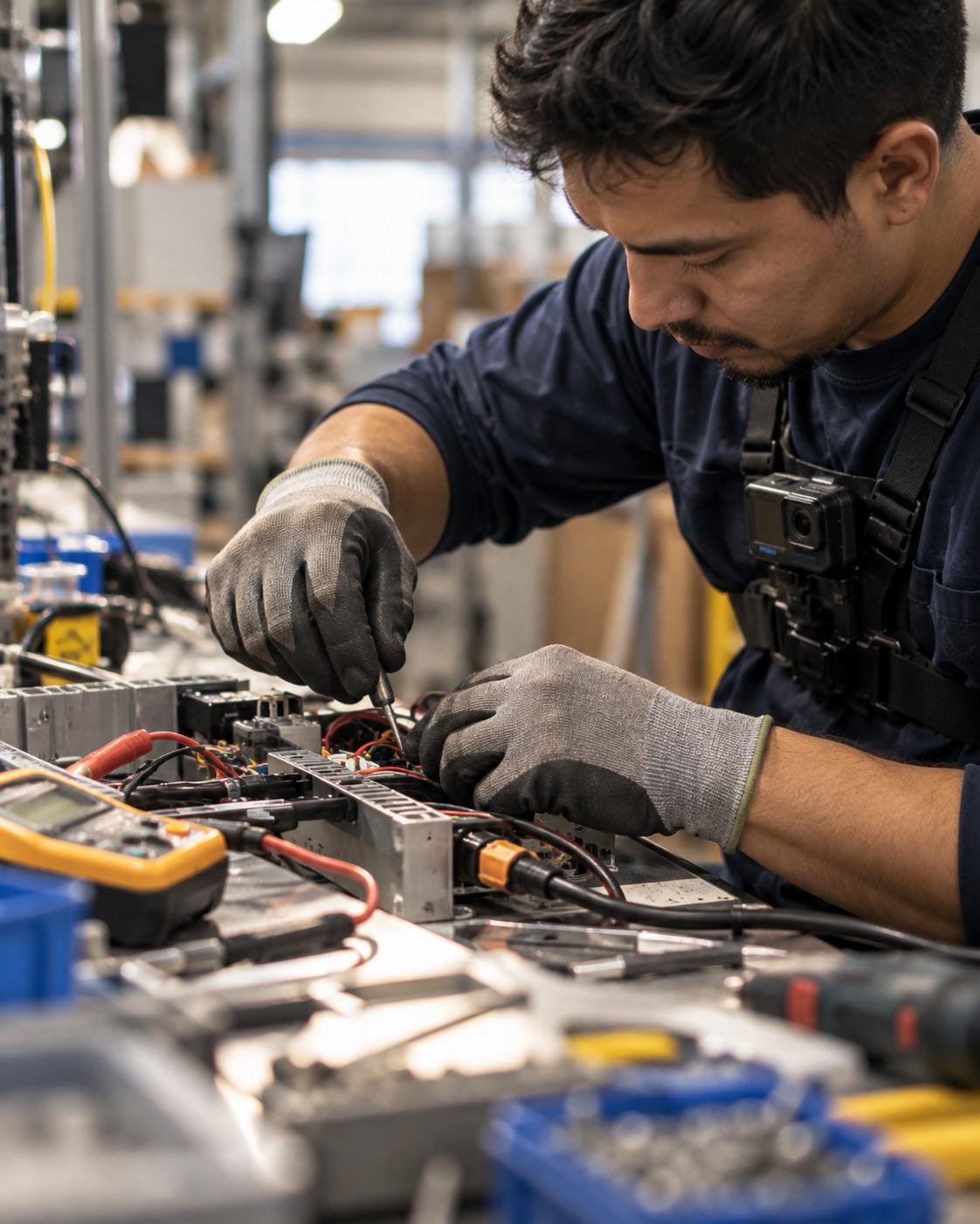 Technician in work gloves assembling electronics at a bench, wearing a chest-mounted camera